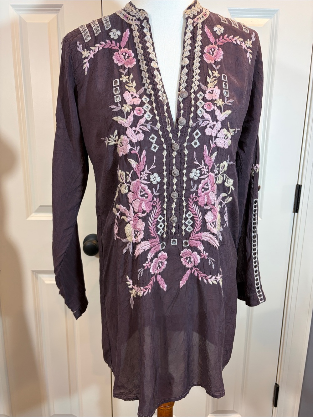 Johnny Was Purple Tunic with Pink Floral Embroidery